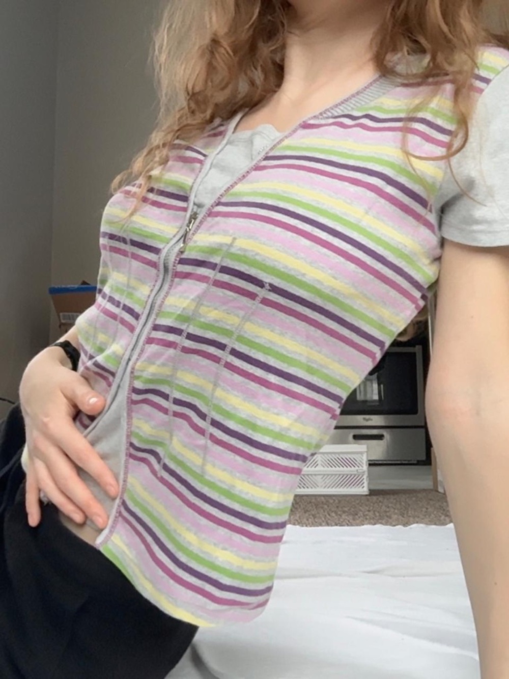 Extra Cute Gray Tee with Colorful Stripes — Vintage Madrid Find — XS/S
